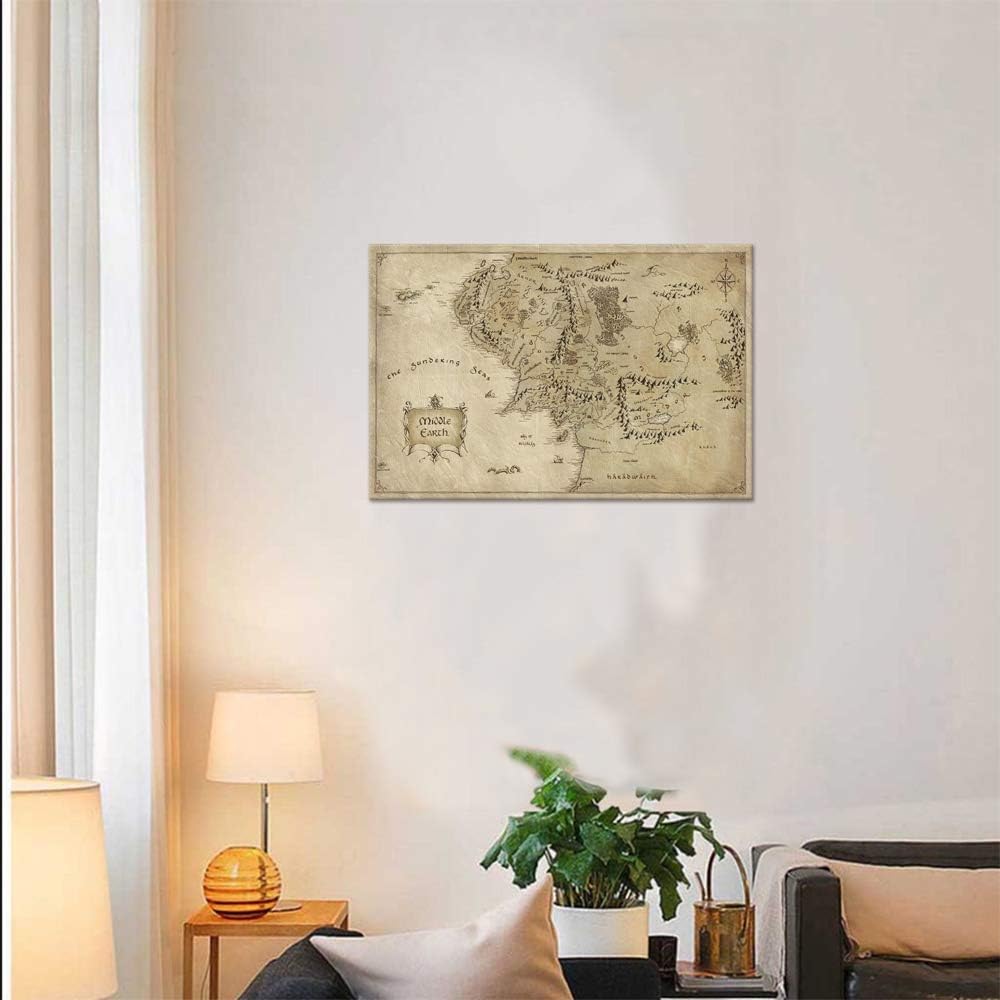 Vinatge Wall Art Picture Canvas Painting Map of Middle Earth by Yatsen Bridge, HD Print, 12" Hx16" W