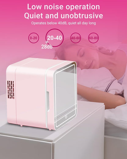 NISHCON 4-Liter Pink Portable Mini Fridge for Skincare Beauty Cosmetic Makeup With Mirrored Door and Dimmable LED Light