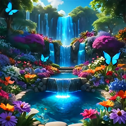 MMAHD 5D Diamond Painting Kit, Enchanted Waterfall Garden with Blue Butterflies, Full Drill Crystal Rhinestone Embroidery Art, Nature Scene (Landscape)
