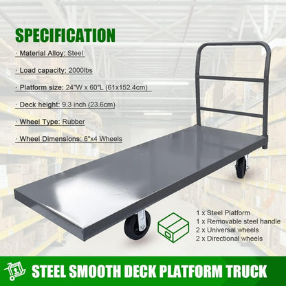 Fworkleft Steel Platform Truck 2000 lb Capacity, 60" x 24" Heavy Duty Flatbed Push Cart with Smooth Deck, Industrial Platform Dolly for Warehouse & Commercial Use