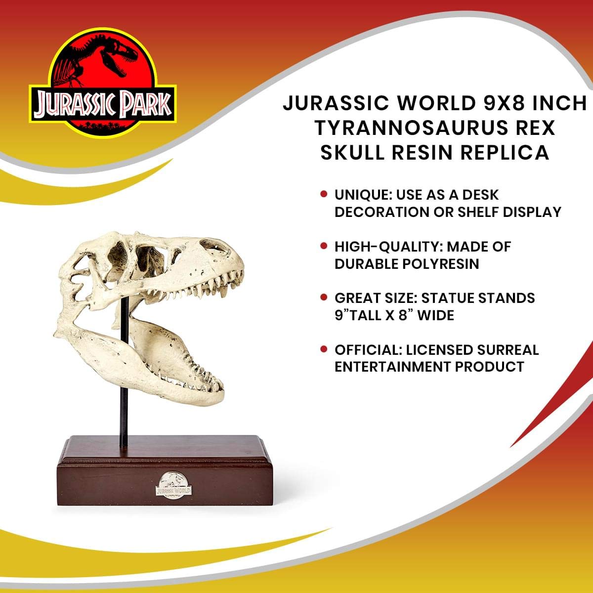 Jurassic World Tyrannosaurus Rex Skull Resin Replica - 9x8-Inch TRex Dinosaur Head Statue - Realistic Model Skeleton Decoration - Home & Office Decor, Shelf Display - Decorative Dino Fossil Sculpture