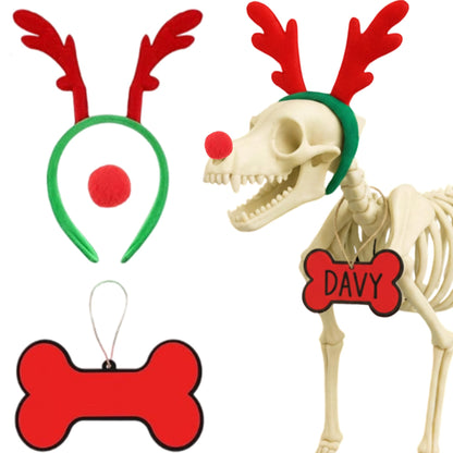 Knitgrip 7 ft Skeleton Dog Accessories Christmas Halloween Skeleton Dog Accessories Set Giant Reindeer Horns Skull Nose Neck Collar Hanging Sign Suitable for Holiday Decoration Outdoor Garden Lawn