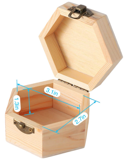 12 pcs Unfinished Vintage Wooden Hexagonal Pine Storage Boxes, 3.8X3.3X2.2in with Hinged Lids and Front Buckles for DIY Handmade Wooden Jewelry Box