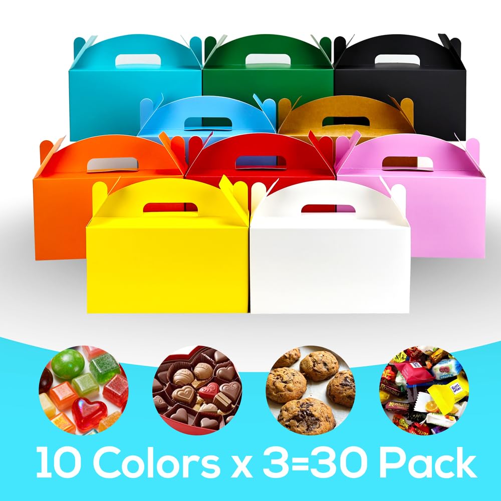 Aosric Gable Gift Boxes with Handles, 30 Pack Colorful 9.45"x5"x5" Cardstock Large Bulk Treat Boxes for Party Favors, Birthday, Baby Shower, Wedding, Holiday Gifts