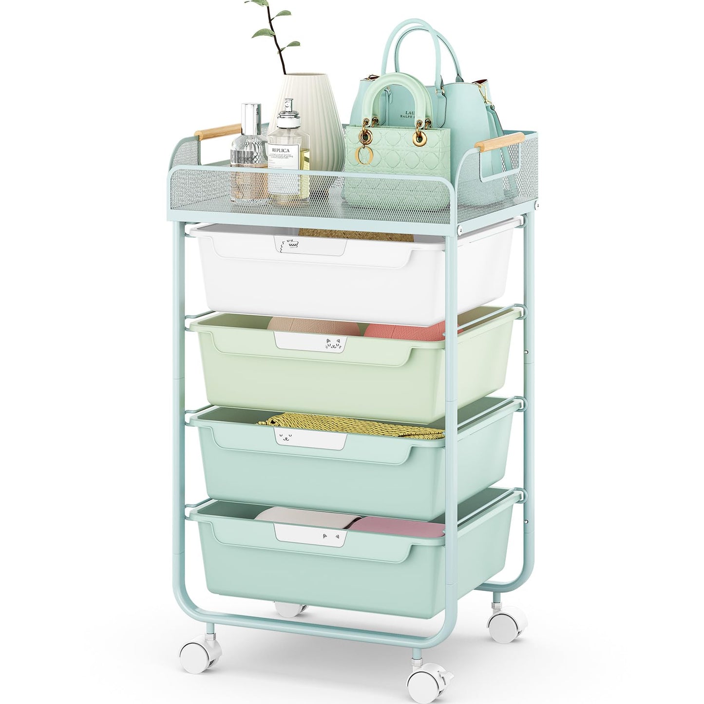 SYKIARIOL 4-Drawer Rolling Storage Cart with Mesh Top, Utility Craft Organizer Cart on Wheels with DIY Labels, Rolling Drawer Cart for Home Office Classroom Bedroom, Green