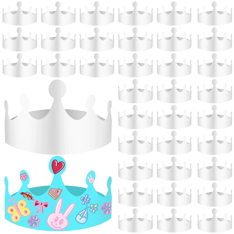 Yuanan 50 Pcs White Paper Crowns Bulk, DIY Blank Birthday Party Crown Classic Style Paper Birthday Crowns for Classroom Party Hats Decorations Baby Shower Supplies (24 x 4.7 in)