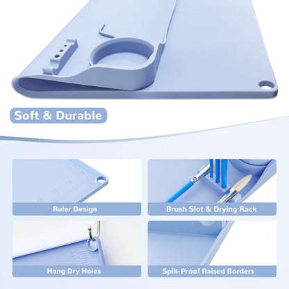 Silicone Art Mat for Kids Silicone Painting Mat Silicone Painting Station with Detachable Cup,Palette with Lid &360°Phone Holder Craft Mat for Kid Paint Mat with Bulit-in Brush Rest&Ruler 20"X16" Blue