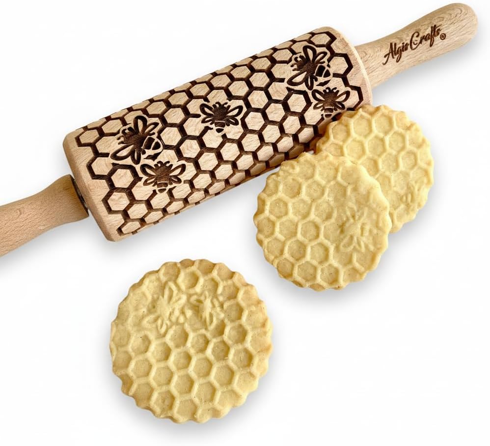 Kid Size Embossing Rolling Pin BEES. Wooden Laser Cut Mini Rolling Pin for Cookies, Play Dough, Salt Dough. Gift