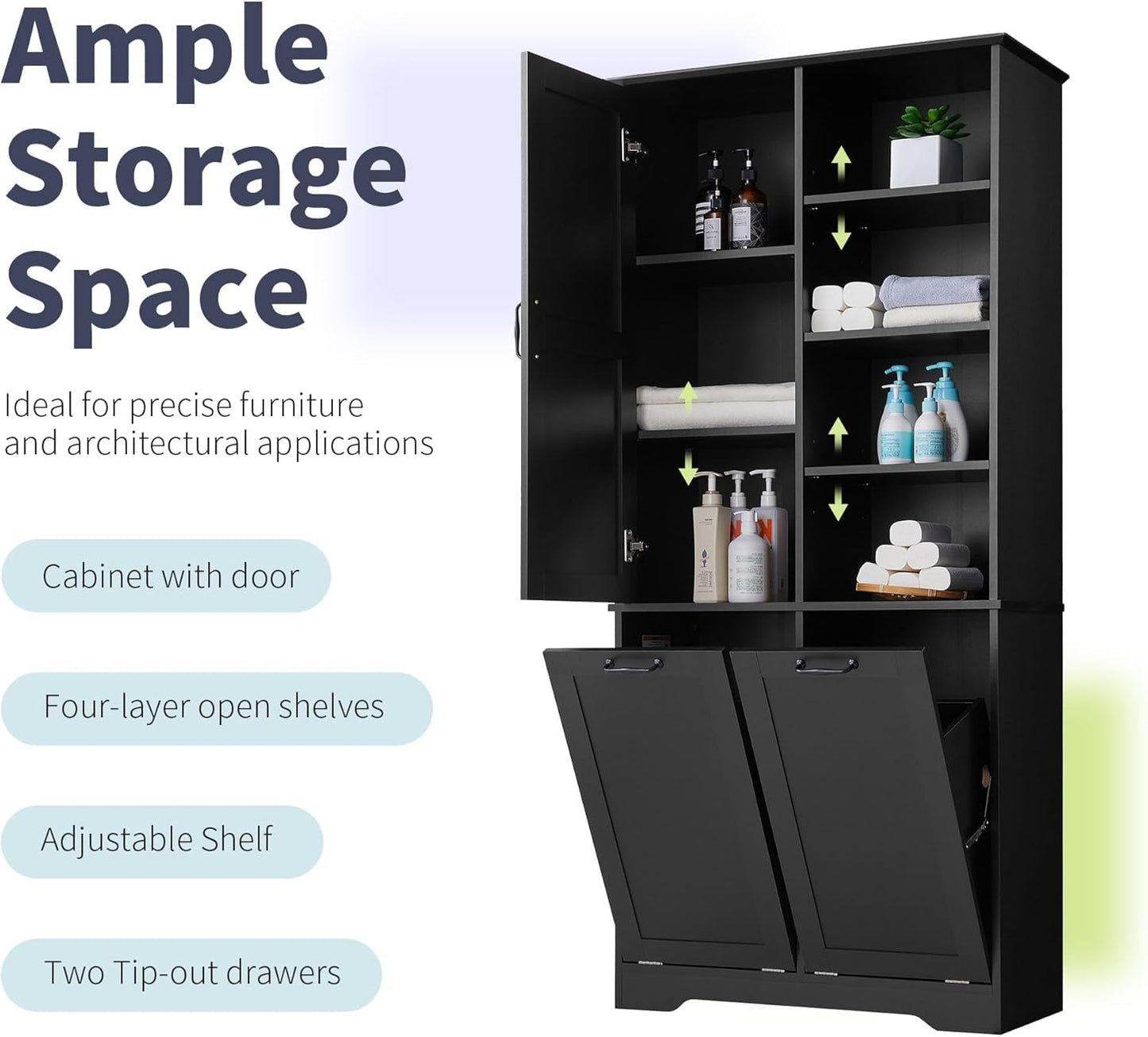 Virubi Tall Laundry Cabinet with 2 Tilt Out Laundry Hamper, Wood Bathroom Storage Cabinet with Doors and Adjustable Shelves Freestanding (Black)