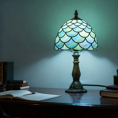 MOAN Small Lamp Stained Glass Table Lamp 8X14.5 Inch Bedside Reading Light Antique Light Desk Lamp(Green Fish Scale Style)