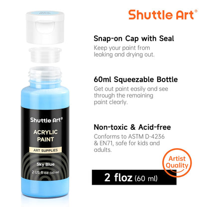 Shuttle Art Acrylic Paint, 50 Colors Acrylic Paint Set, 2oz/60ml Bottles, Rich Pigments, Water Proof, Premium for Artists, Beginners and Kids on Canvas Rocks Wood Ceramic Fabric
