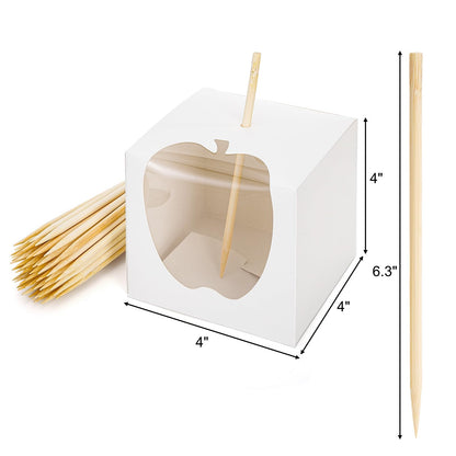 ZEAYEA 50 Pack 4"x 4"x 4" Candy Apple Boxes with Window and Sticks, Food Grade Caramel Apple Gift Boxes with Hole, Carboard Treat Favor Packaging for Halloween, Thanksgiving, Wedding, Party