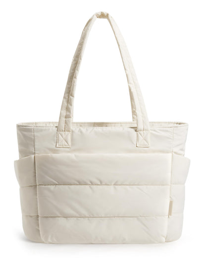 BAGSMART Tote Bag for Women, Lightweight Puffy Tote Bag with Compartments Shoulder Bag Handbag Quilted Shoulder Bag Handbag for Travel, Work, Beach, Gym, Shop(Beige)