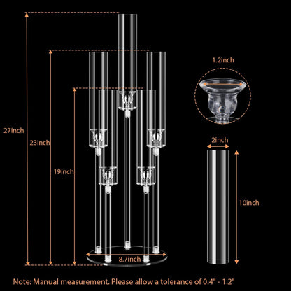 5 Arms Acrylic Candelabra Centerpieces for Tables, Clear Candle Holder for Halloween Christmas Wedding Party Decor, 27" Tall Candlestick Holders with Lampshade, Fits LED Candle(2pcs)