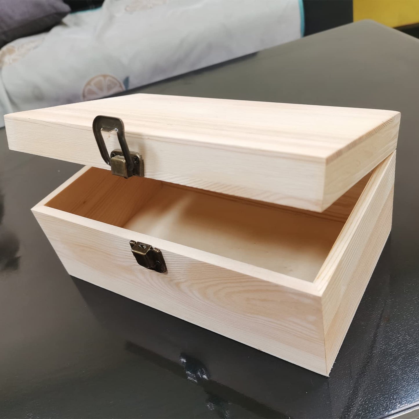 YXFZPAN Natural Wooden Craft Box with Hinged Lid - Large 9.2"x5.5"x3.9" Reusable DIY Jewelry & Gift Box for Home, Art Supplies, and Hobby Organization, Unfinished Unpainted Wood Box