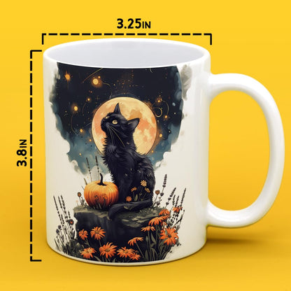 Mystical Black Cat Full Moon Coffee Mug, Witchy Halloween Cup, Spooky Fall Aesthetic, 11oz