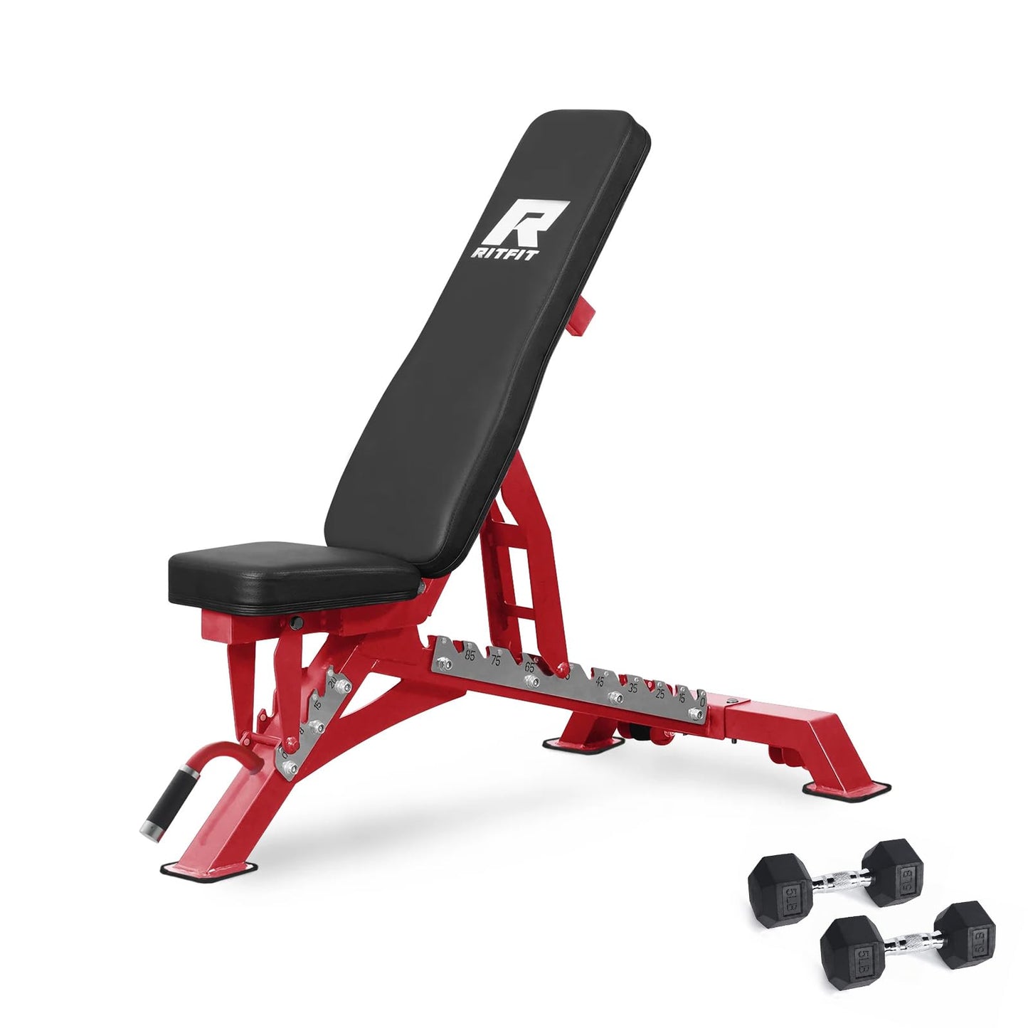 RITFIT Adjustable Weight Bench with Multiple Back Positions for Full Body Workouts, Incline, Decline, and Flat Settings for Home Gym Strength Training, 1300LB Capacity (Red,with 2x5lb rubber dumbbells)