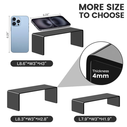 KOSKWKREO 3 Pack Black Acrylic Display Risers, Tiered Display Stand Set in 3 Sizes for Perfume, Cosmetics, Cupcakes, Figures, Toy Cars, Collectibles and Small Decor