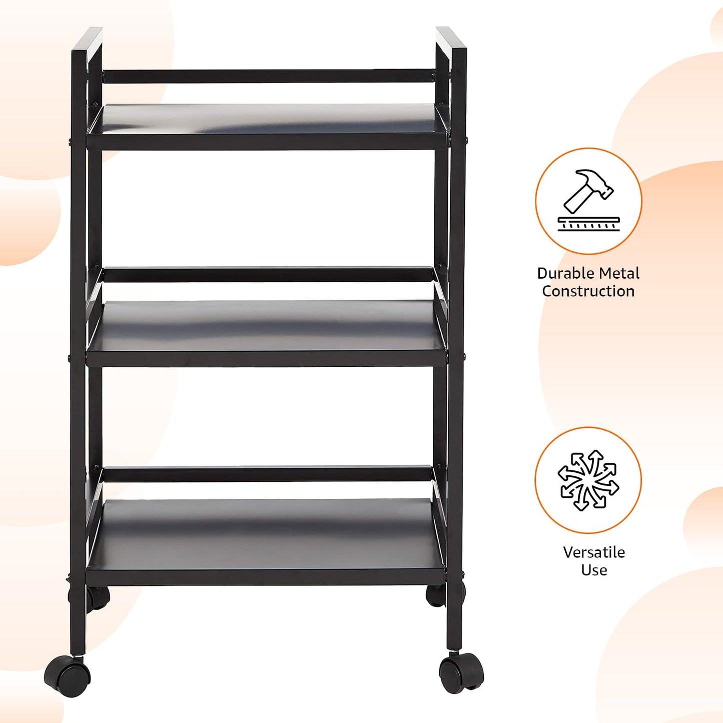Amazon Basics 3-Tier Metal Rolling Utility Cart, Storage Organizer, Multifunctional Storage, Mobile Shelving, Black