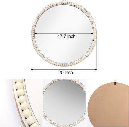 20 Inch SWTHONY Boho Beaded Round Mirror Wall Decor, Decorative Hanging Circle Nursery Mirrors for Girl Room