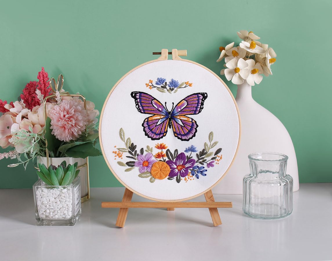 Mozzyyee 3 Sets Embroidery Starter Kit for Beginners Adults Include 3 Embroidery Clothes with Instructions Hoops Floss Thread Fabric Needles (Butterfly)