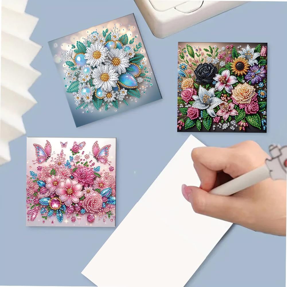 6 Pack DIY Diamond Painting Greeting Card Kit Flowers, 5D Diamond Art Christmas Birthday Holiday Foldable Thank You Cards Blessing, Art Crafts Kit Creative with Envelope