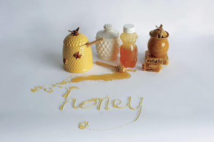 Creative Co-Op White Ceramic Honey Jar with Lid & Wood Dipper, Hobnail Style