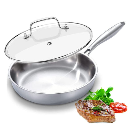 DELARLO Tri-Ply Stainless Steel Pan, 18/10 Frying Pan, Oven Safe Up to 600°F, Nontoxic Cookware, Compatible with All Cooktops Skillet, Durable, Fast Even Heat Fry Pan,12 inch Pan with Glass Lids