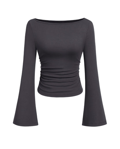 PRETTYGARDEN Women's Long Sleeve Shirts 2025 Fall Crop Going Out Tops Casual Boat Neck Bell Sleeve Ribbed Ruched Y2K Clothes