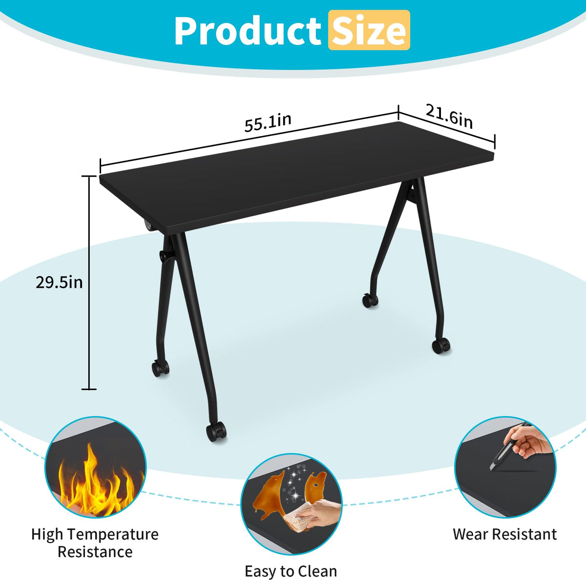 Conference Table with Wheels, Folding Conference Table with Knob & 4 Brake Casters, Modular Flip Top Mobile Conference Room Table for Office, Meeting, Training Room, Class (8, Black, 55.1in)