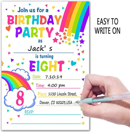 ukebobo Rainbow Happy Birthday Party Invitations for Child’s 8th Birthday – 20 Colorful Cards with Envelopes
