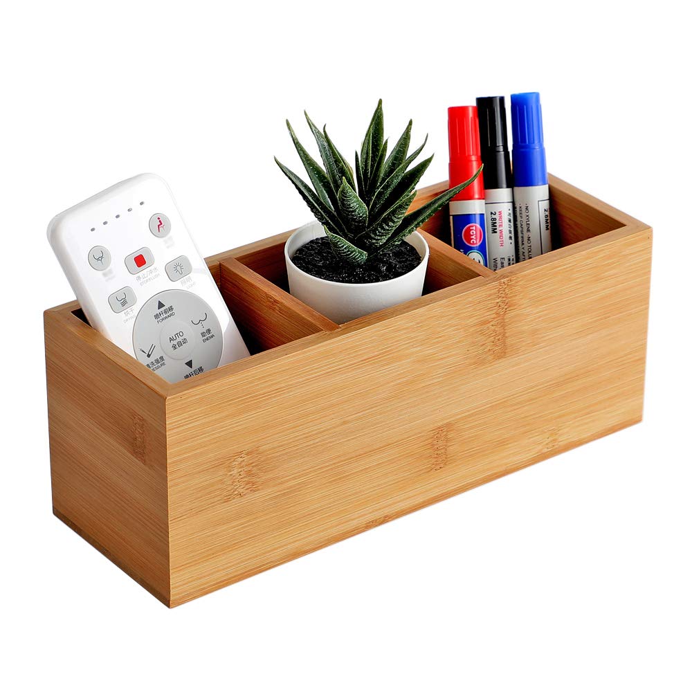 YOSCO Bamboo Wood Pens Pencils Holder Cup for Desk Remote Control Holder, Caddy,Organizer,Desktop Storage with 3 Compartments,Makeup Brush Holder,Silverware Caddy for Party,Office Supplies (3 Grid)