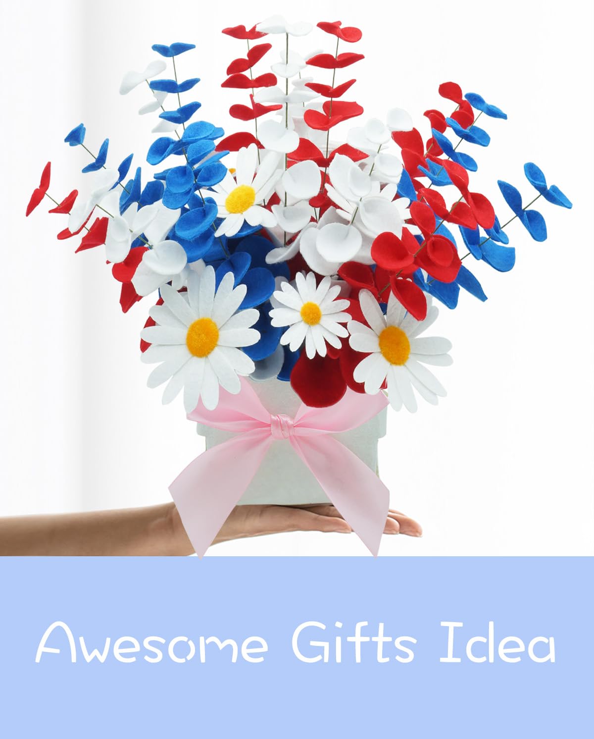 BAZIMA Felt Eucalyptus Daisy Bouquet, Felt Flowers,Multi-Color Felt Leaves,DIY Bouquet,Artificial Flower Bouquet with Flower Pot,Floral Gifts,15 Eucalyptus and 8 Daisies kit(Red, White and Blue)