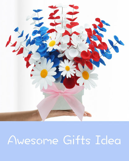 BAZIMA Felt Eucalyptus Daisy Bouquet, Felt Flowers,Multi-Color Felt Leaves,DIY Bouquet,Artificial Flower Bouquet with Flower Pot,Floral Gifts,15 Eucalyptus and 8 Daisies kit(Red, White and Blue)