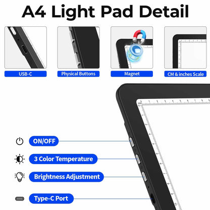 Heanolier Rechargeable A4 Light Board with Stand, 7100Lux Super Bright Magnetic Light Pad with Side Buttons, Wireless Light Box for Tracing, LED Light Table for Diamond Painting,Sketching,Drawing