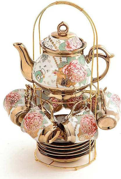 CHANJOON sets Set, Sets Set 6 tea Gold Plated Red Rose Ceramic Tea Vintage Teapot Tea Beautiful Tea Coffee Serving