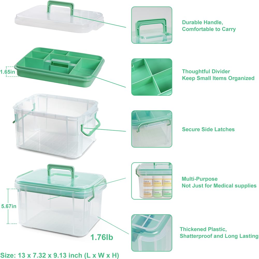 HEY FOLY 15qt Clear Medicine Organizer Storage Box with Tray, Plastic First Aid Box Empty, Thickened Medicine Container Chest, Multipurpose Medical Case with Labels, Medicine Caddy with Lids Handles