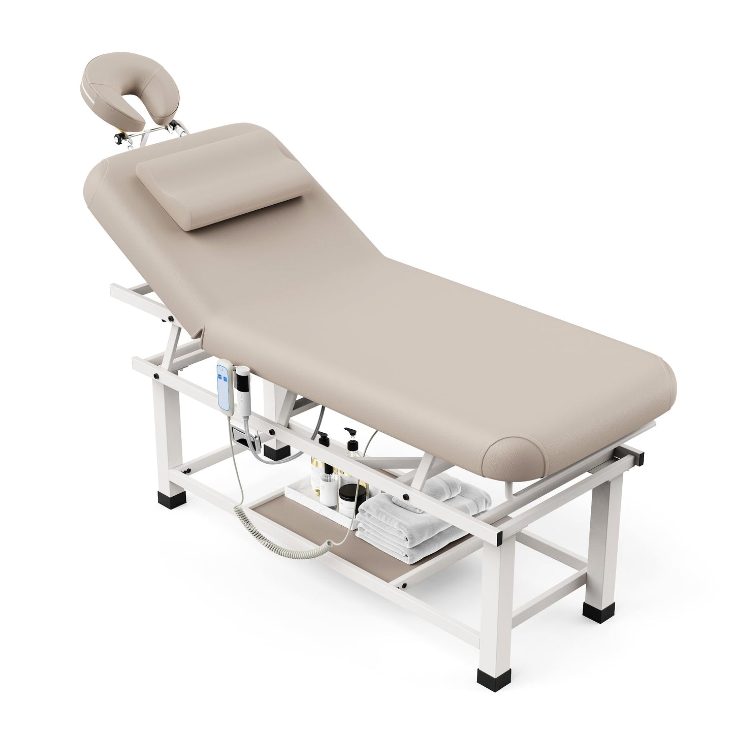 Heating Function 30 Wide x 75 Long Heavy Duty Electric Stationary Massage Table with Backrest Adjustable and Storage Space for Treatment/Medical Spa/Facial/Beauty/Massage Bed and More - Beige Gray