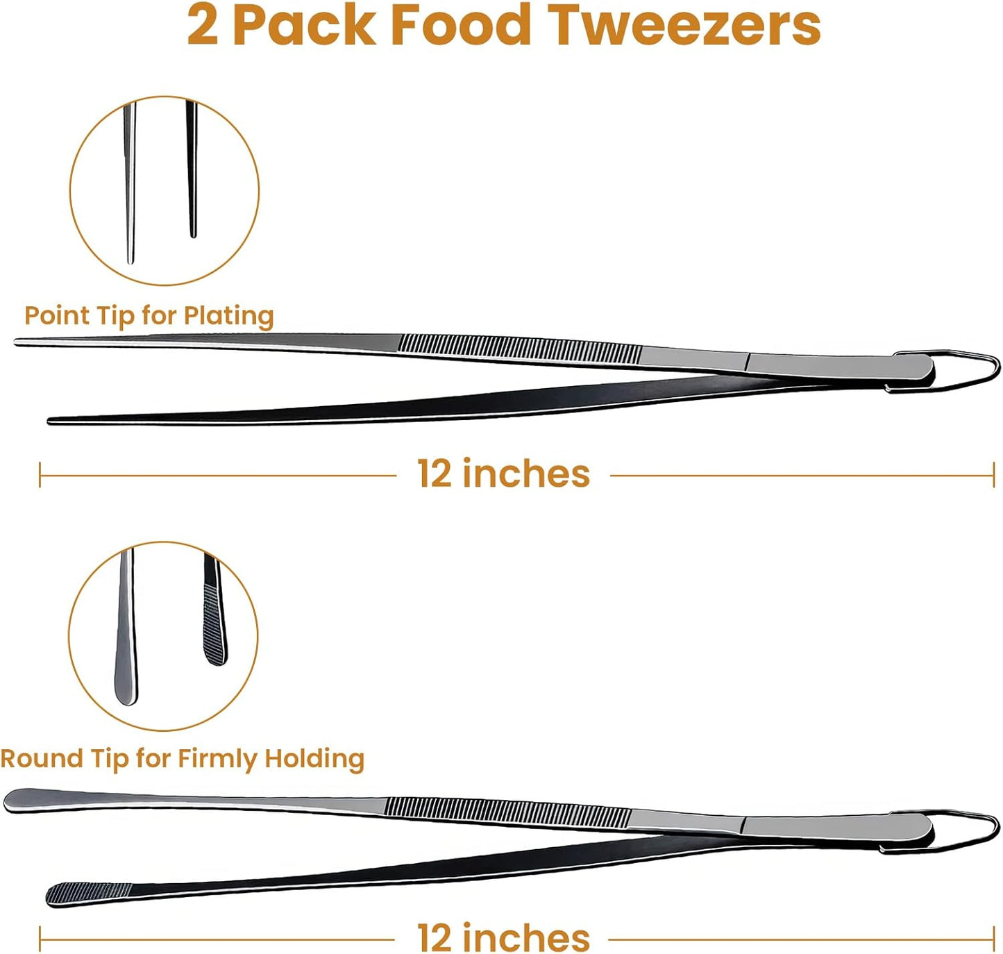 GEEKHOM 12'' Stainless Steel Tweezers Tongs [2 Pack], Professional Chef Tweezers for Cooking, Black