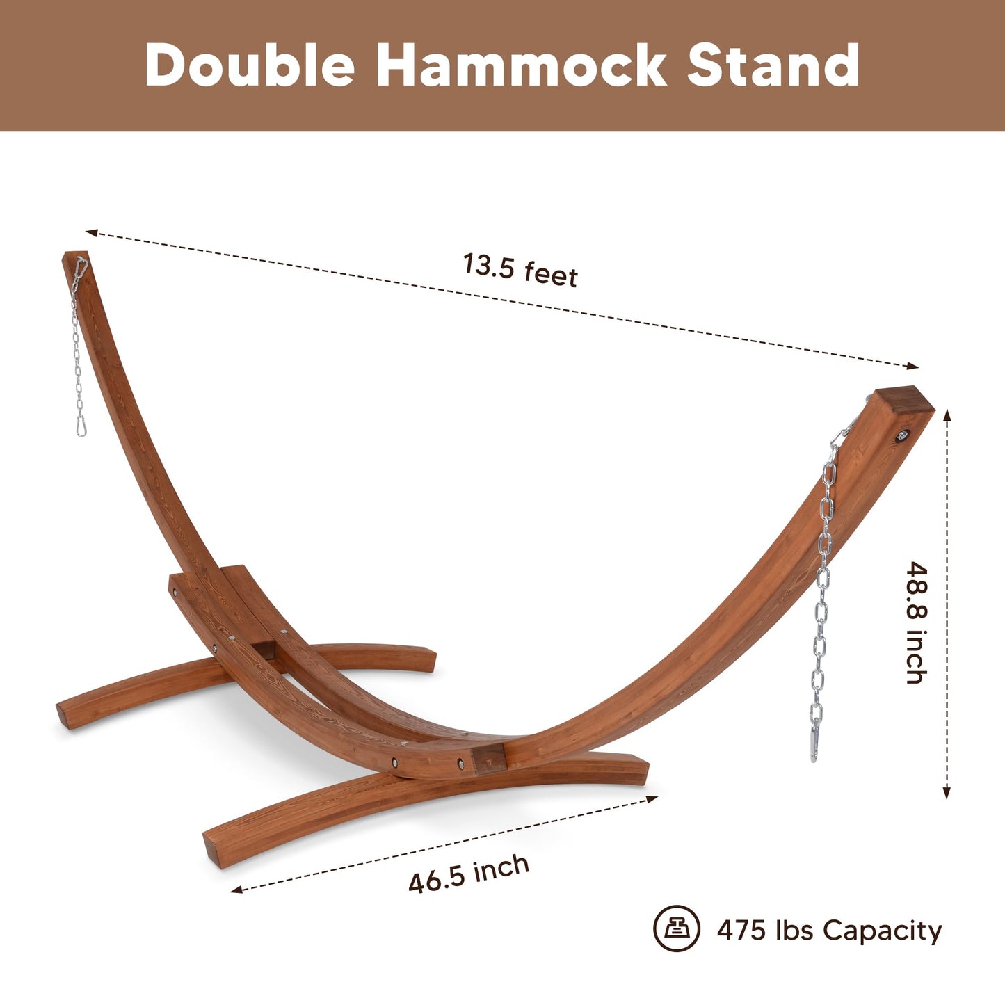 SUNCREAT 13.5 ft Wooden Hammock Stand Only, Heavy Duty Larch Wood Arc Hammock Stand with Chains and Carabiners, 475 lbs Capacity