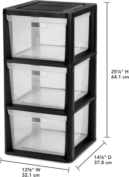 CLMSTE 3 Plastic Drawer Wide Tower Plastic Storage Cart with Clear Pull Out Drawers, Black (Black, Drawer Wide Tower)