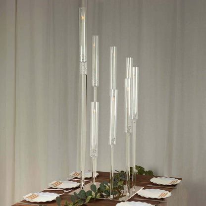 Efavormart 9 Arm Clear Acrylic Cluster Taper Candle Holder Candelabra, Pillar Candle Stick Stand with Square Base - 4ft Tall