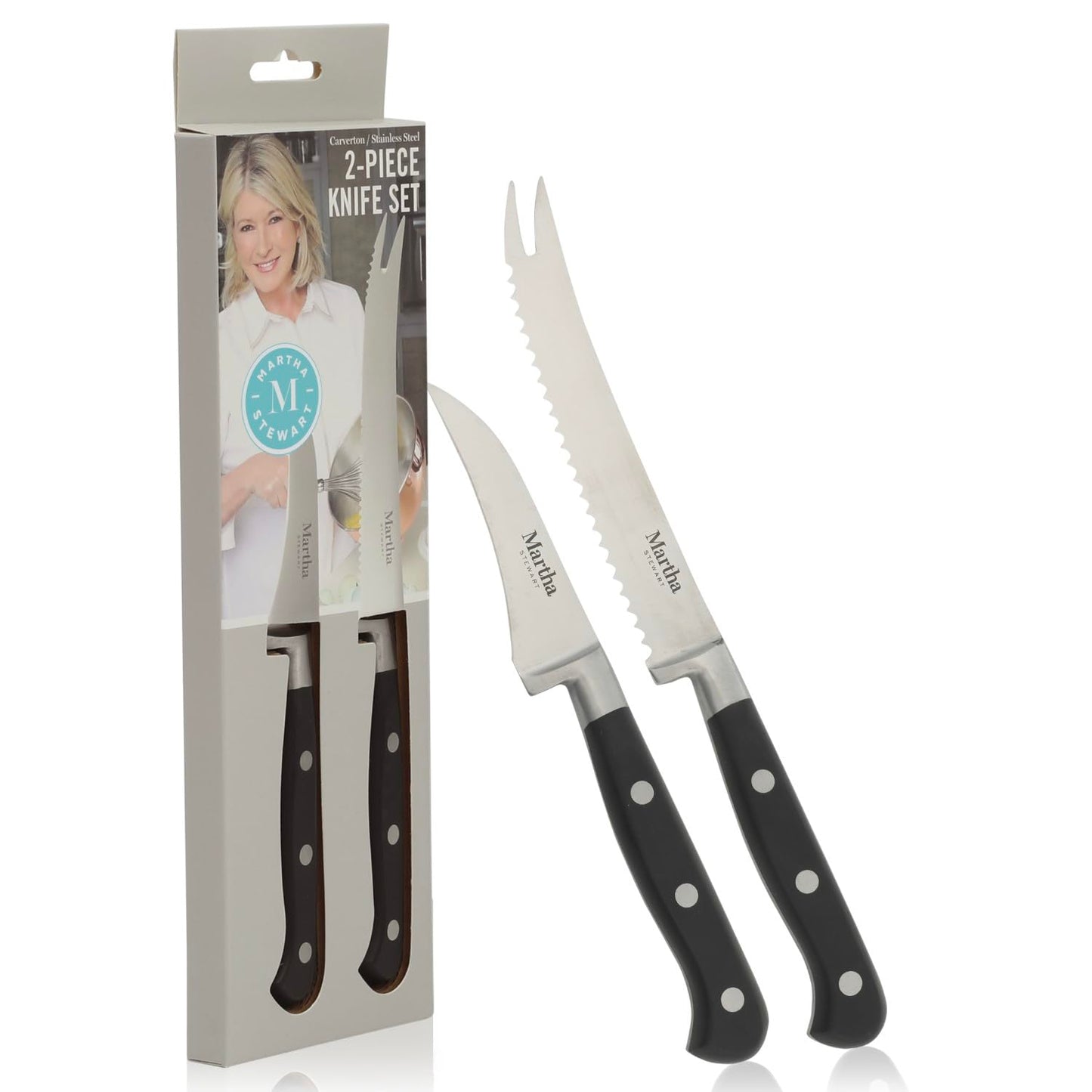 Martha Stewart Carverton 2 Piece Set 5" Tomato Knife and 3" Bird's Beak Knife Set, High Carbon Stainless Steel Kitchen Knives w/Black Triple Riveted Handle