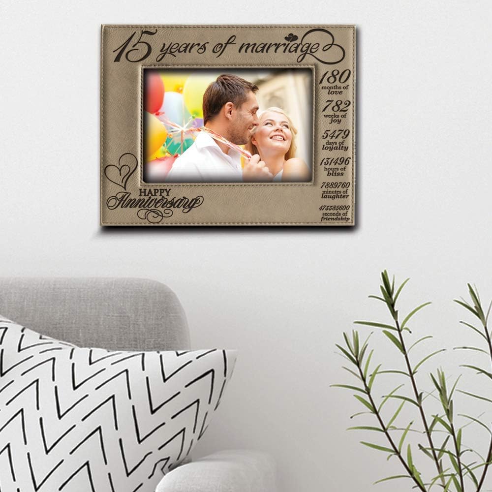 BELLA BUSTA 15 Years of Marriage Happy Anniversary Engraved Leather Picture Frame, 5 x 7 Horizontal