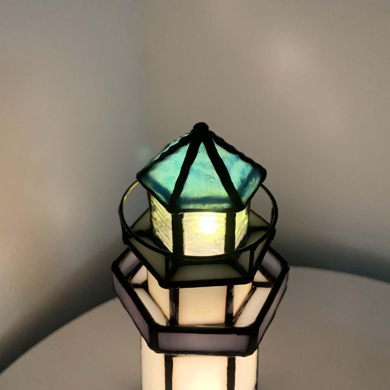 Bieye L10776 Lighthouse Tiffany Style Stained Glass Accent Table Lamp Night Light for Home Decoration (5x5x11, Blue)