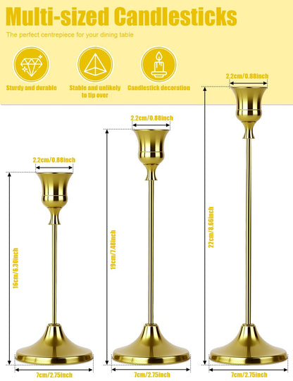 Set of 3 Brass Tapered Candle Holder,Candlestick Tall Metal Candlestick Holders for Table Centerpiece Home Decor for Wedding Fireplace Mantel Housewarming Gift Fits 3/4 Inch Thick Candles
