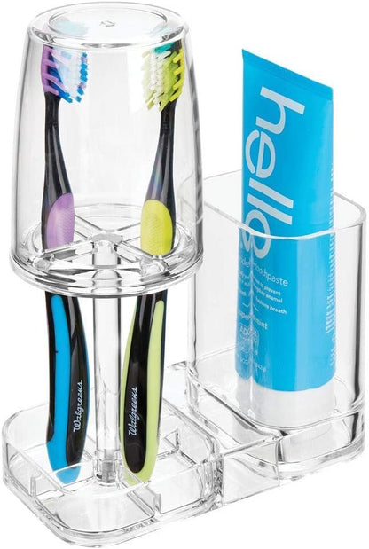 Countertop mDesign Modern Plastic Bathroom Vanity Toothpaste & Toothbrush Holder Stand with Rinsing Cup/Cover - Dental