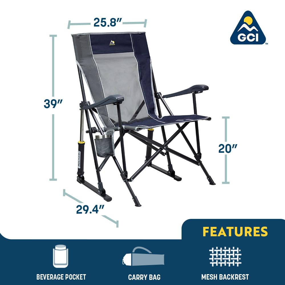 GCI OUTDOOR Roadtrip Rocker Camping Chair | Portable, Folding Rocking Chair with Solid, Durable Armrests, Drink Holder & Comfortable Extended Backrest — Hunter Green