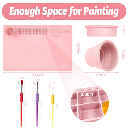 LRFORMB Silicone Painting Mat for Table Protection, 23.6 x 15.8in Drawing Mat with Nylon Brushes for Children, Art Mats with Cleaning Cup, Paint Palette, Clay Craft Mats for DIY (Pink)