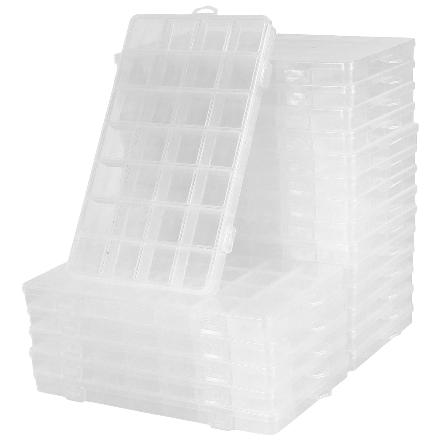 MAHIONG 20PCS 28 Grids Clear Plastic Organizer Box with Fixed Dividers for Beads, Fishing Tackles & Small Parts Storage (7.9x6.2x1.2in)